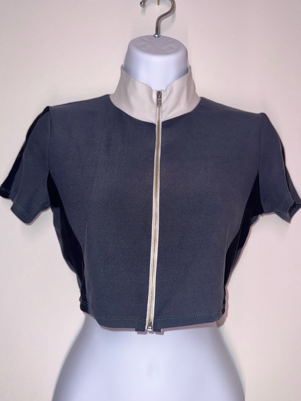 Colorblock Zip Up Mock Neck Crop Top
